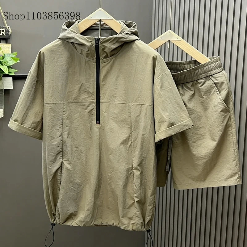 Casual Hooded Suit Mens Summer Workwear Thin Loose Fashion Couple Short Sleeve Waistcoat Shorts 2 Piece Set Male Cargo Tracksuit