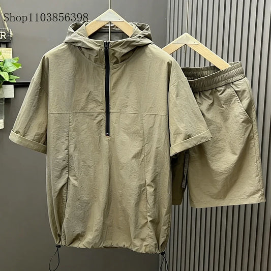 Casual Hooded Suit Mens Summer Workwear Thin Loose Fashion Couple Short Sleeve Waistcoat Shorts 2 Piece Set Male Cargo Tracksuit