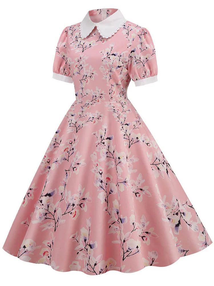 Women Vintage Dress Floral Print Peter pan Collar Elegant Party Dress Puff Short Sleeve Pin Up 50s Party Sundress 3XL
