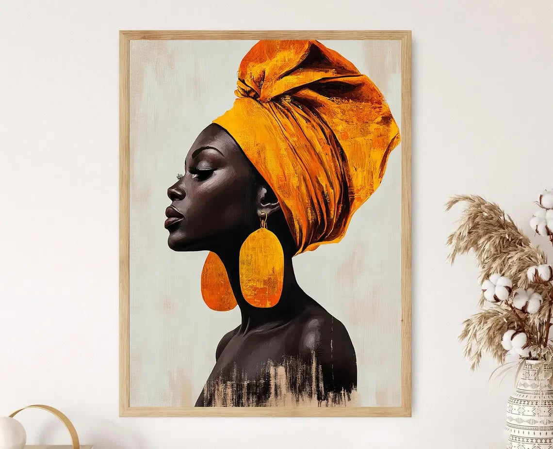 African Woman Portrait: Yellow Headwrap Art Print, Afrocentric Wall Decor