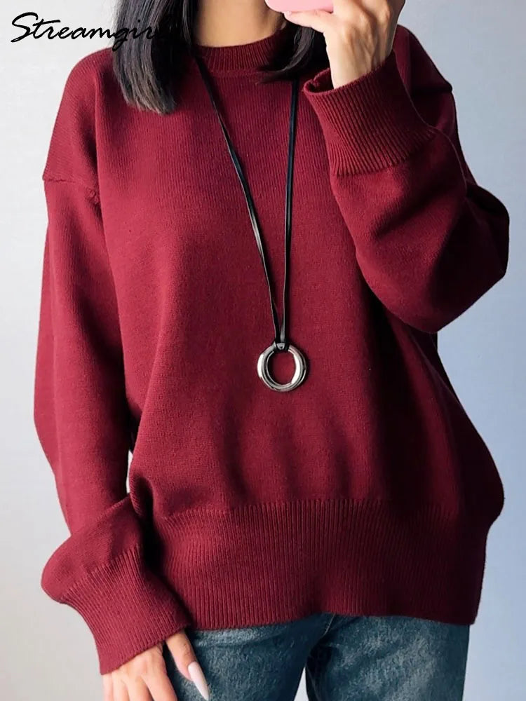Oversize Burgundy Womens O Neck Knitwear Sweater Warm Winter Pullover
