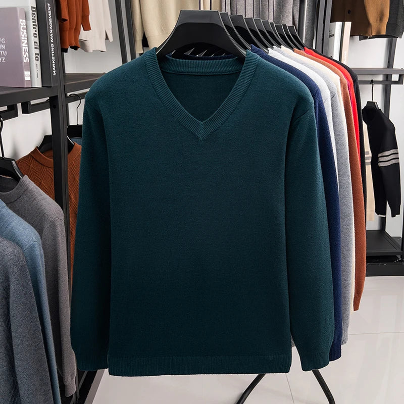 2026 Men's V-Neck Basic Solid Color Sweatshirt Warm Autumn Knitted Oversize Pullover Elastic round Neck Sweater for Casual Wear BAZAARHUBO