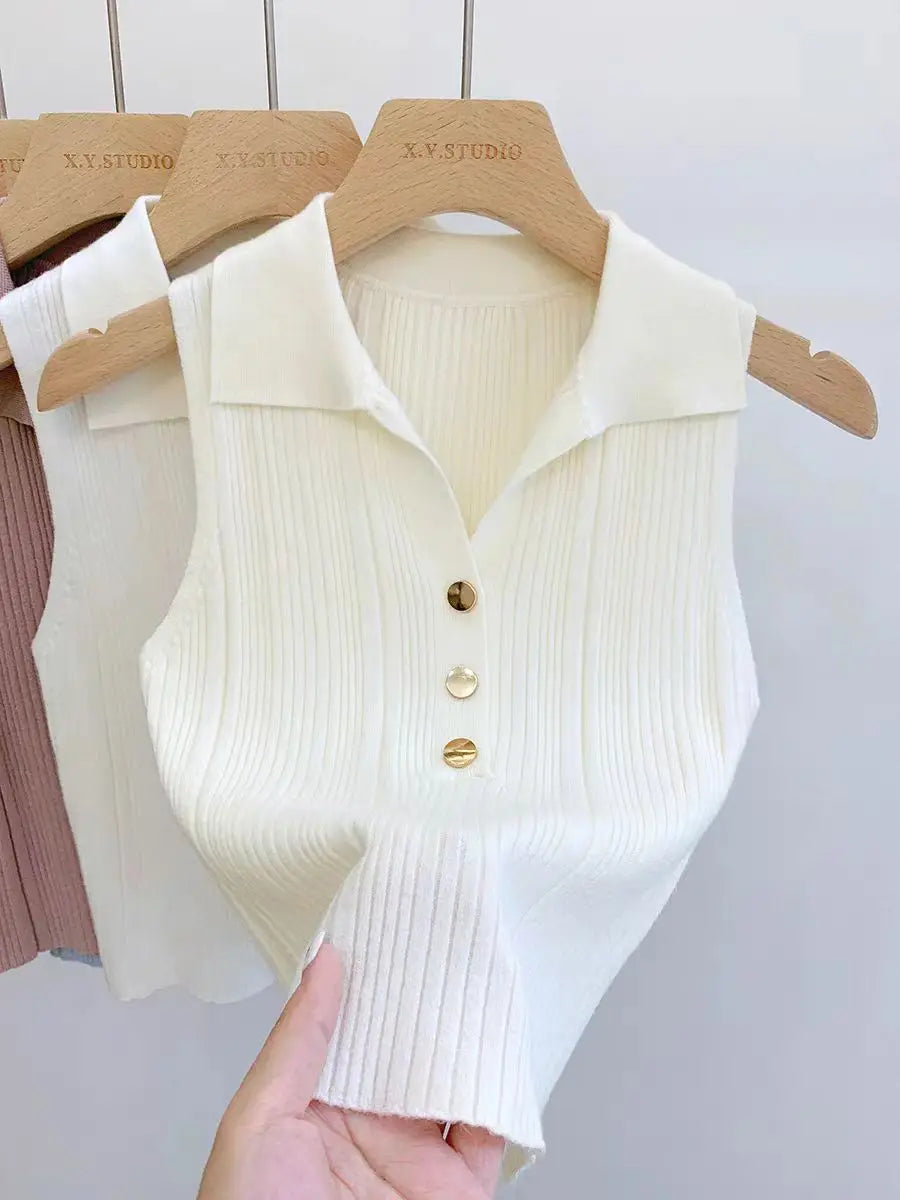 Summer Turn Down Collar Gold Button Slim Knitted Sweater Vests Elegant Knitwear Tank Tops BSTFSC-m1948