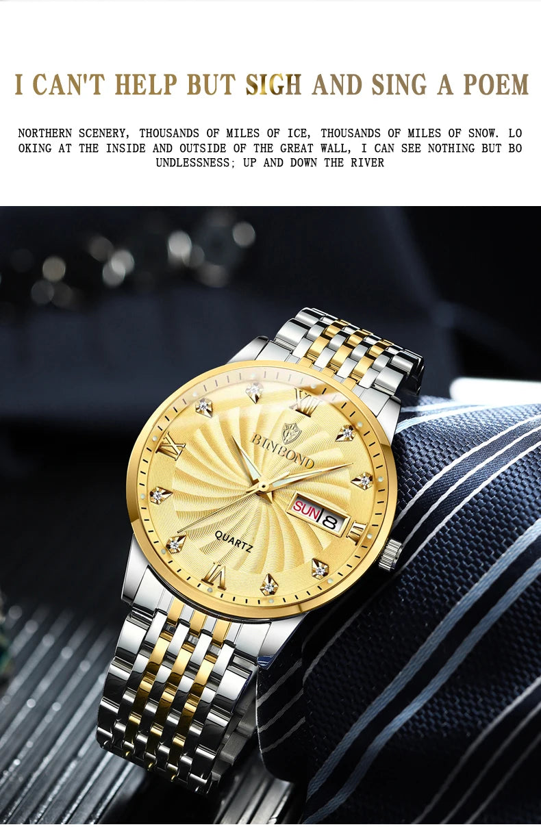 BINBOND Quartz Watches for Men Luxury Luminous Waterproof Precise Auto Date Week Display Men's Watch Casual Sturdy Reloj