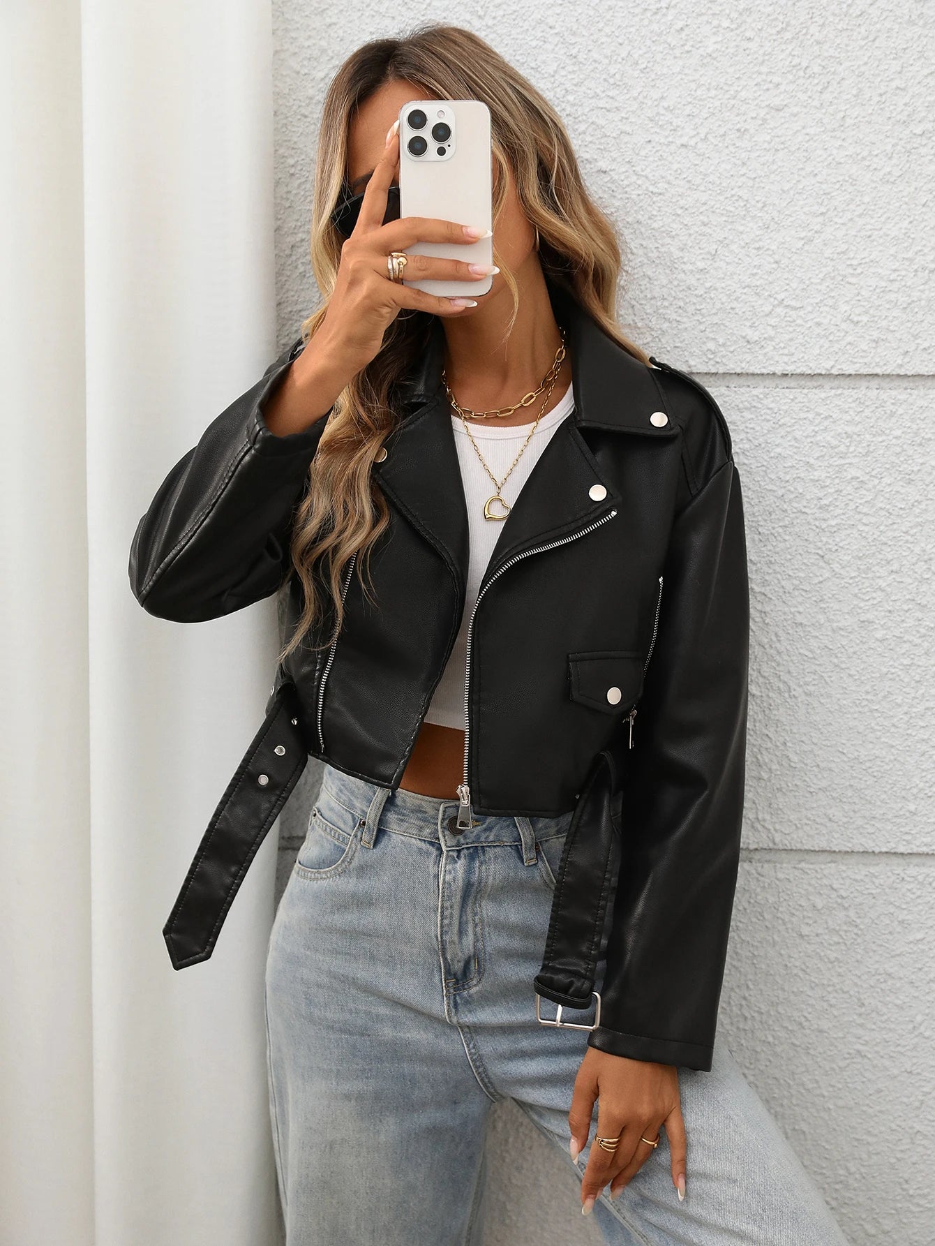 Women Faux Leather Cropped Jacket Lapel Zipper Biker Short Bomber Moto Coat with Belt