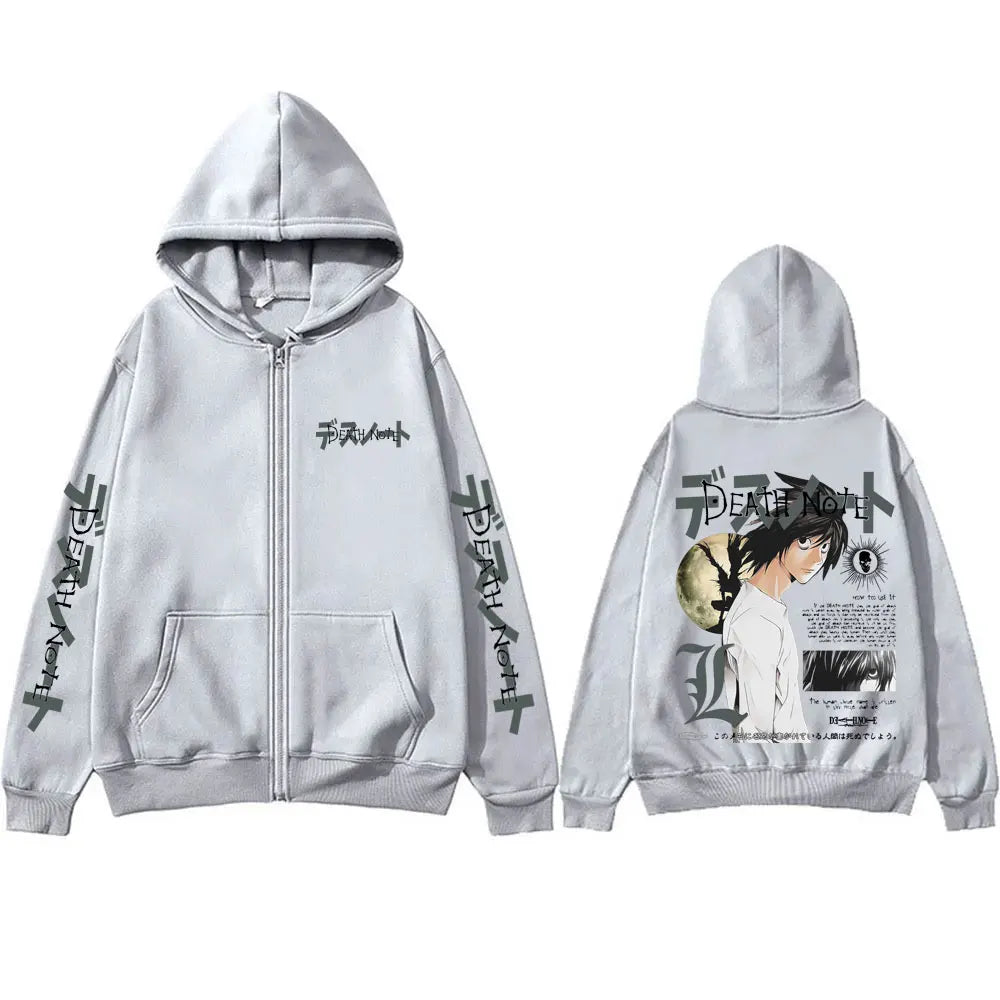 Anime Death Note L Lawliet Graphic Zipper Hoodie Men Women Casual Oversized Cotton Zip Up Jacket Male Vintage Zip Up Sweatshirt BAZAARHUBO