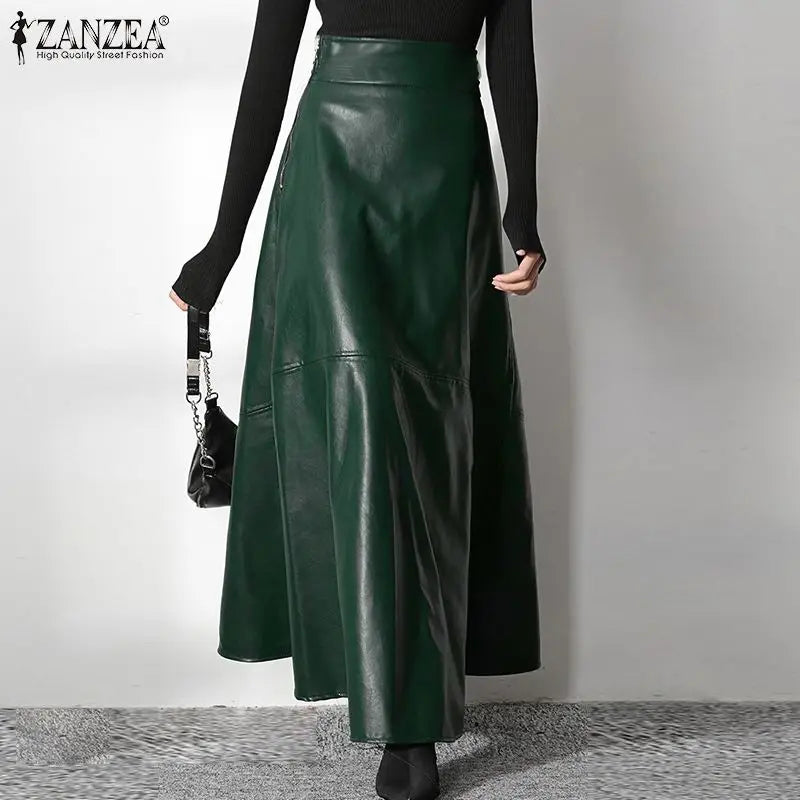 ZANZEA Women's PU Leather Maxi Skirt 2025 Autumn Elegant OL Long Saias Fashion Solid Mujer Faldas Casual High Waist Zipper Jupe