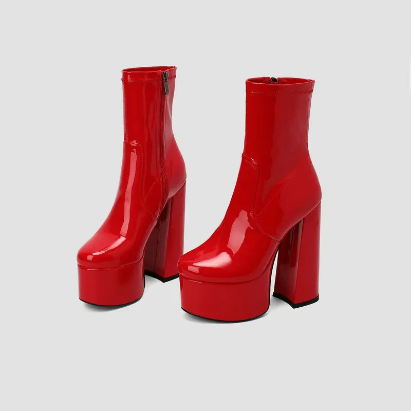 New Lacquer Leather Autumn and Winter Short Boots Women's Thick High Heels Sexy Short Tube Large Fashion Short Boots