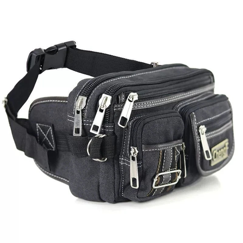 Fashionable Multi Layer Zipper Waist Bag Fanny Pack, Canvas Retro Basic Chest Crossbody Bag Men's Sports Running Phone Pocket