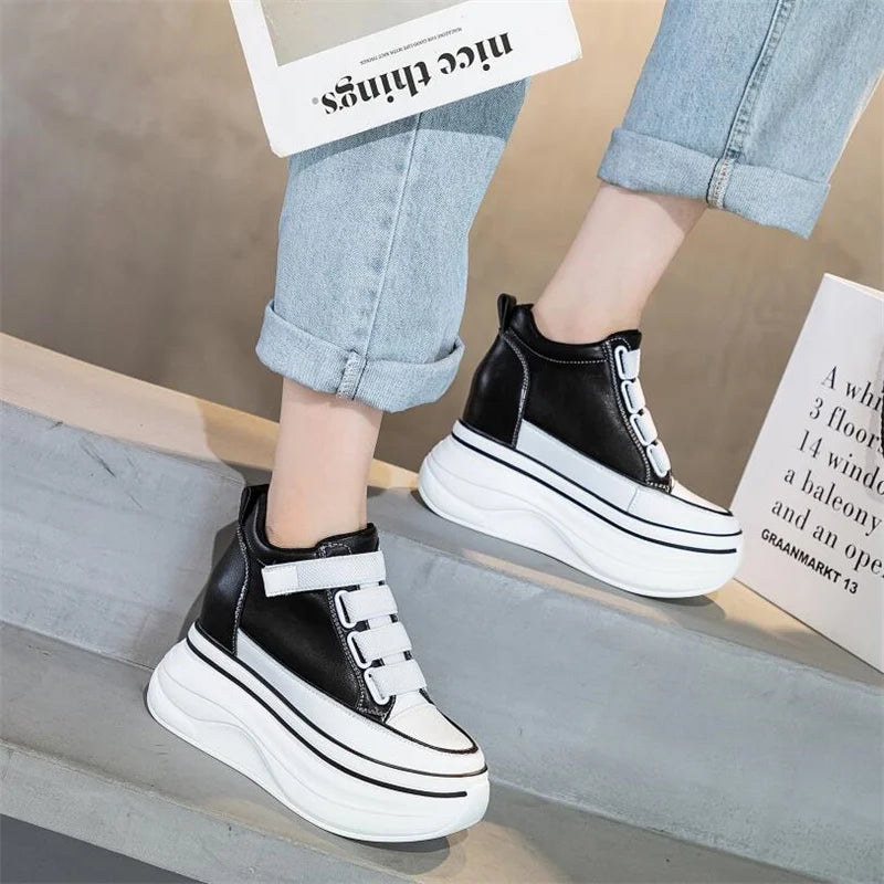 10cm Genuine Leather Platform Wedge Mid Calf Ankle Motorcycle Booties Non Slip Hidden Heel New Women Slip-On Autumn Spring Shoes