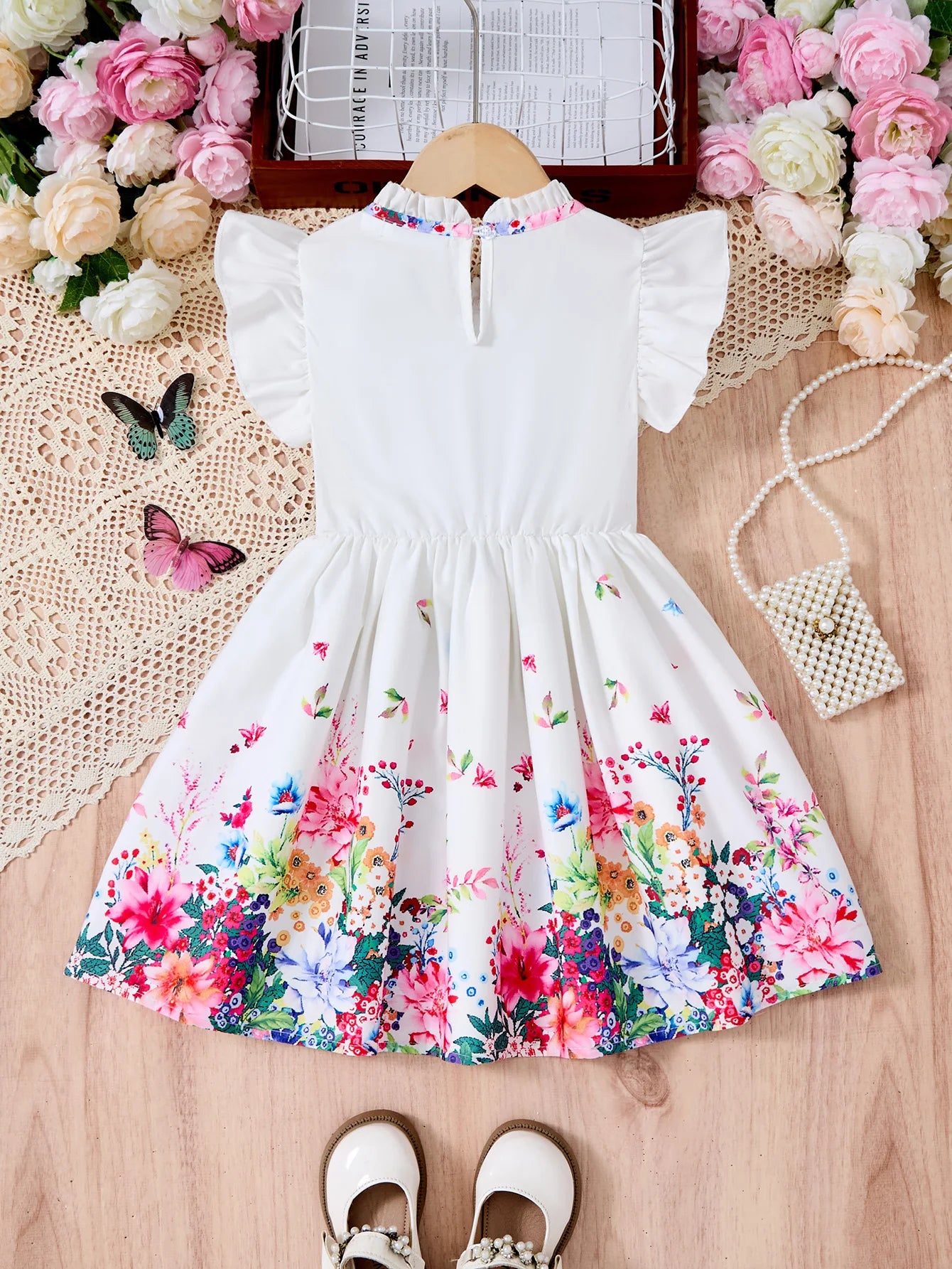 New Kids Girl Dress Summer Floral with Bow Fashion White Vestidos Short Sleeve Children Clothing Outfits Casual Daily Dresses
