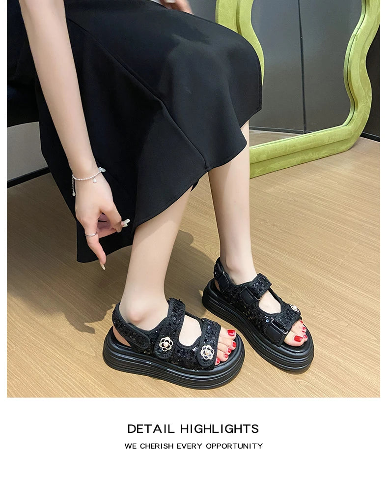 Women's Platform Sandals Handmade Leather Rubber Bottom Flat Sandals Metal Decorative Element Summer Casual Ladies Outdoor Shoes