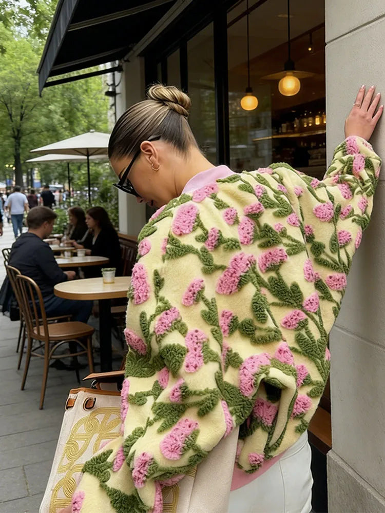 Cute Dreamy Flower Plush Bomber Jackets Chic Oversized Long Sleeves Zip Up Fleece Coat 2026 Casual High Street Women's Clothes