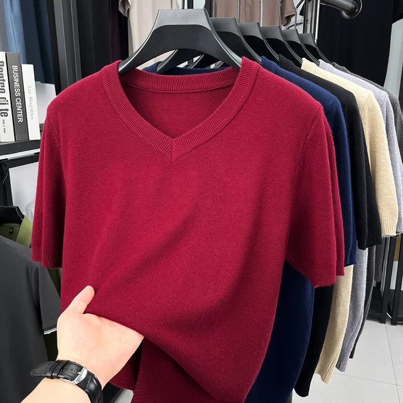 Mens V Neck Short Sleeve Wool Knit Pullover Soft Thin Knitwear For Business Office Daily Casual Spring Summer Basic Tops