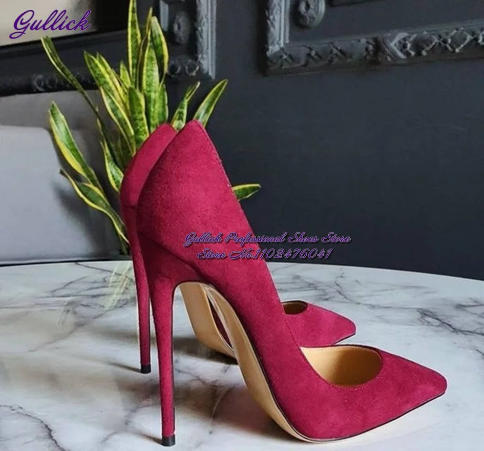 Gullick Women Hot Pink Suede High Heel Shoes 12Cm 10Cm 8Cm Stilettos Slip-On Pointed Toe Wedding Shoes Shallow Pumps Size45