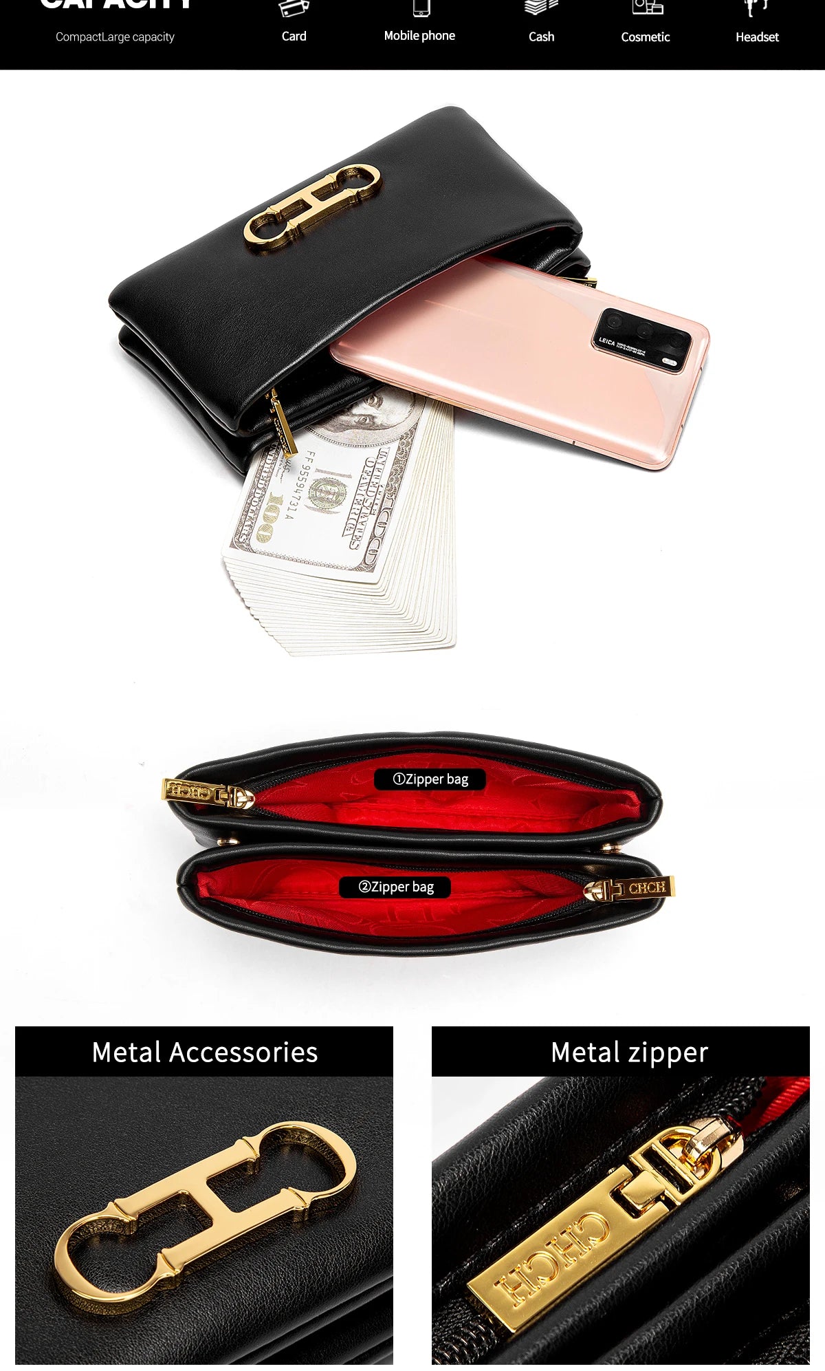 Retro and Versatile Solid-color Fashion New Women's Rectangular Clutch Minimalist Classic Letter-style Cardholder