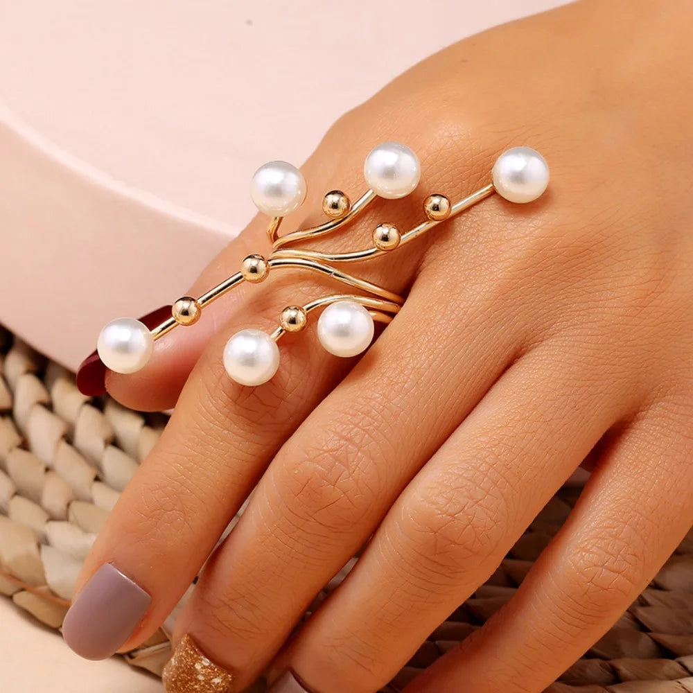 Elegant Retro Oversize Multi Pearl Rings for Women Lady Shiny Crystal Rhinestone Irregular Charm Open Rings Jewelry