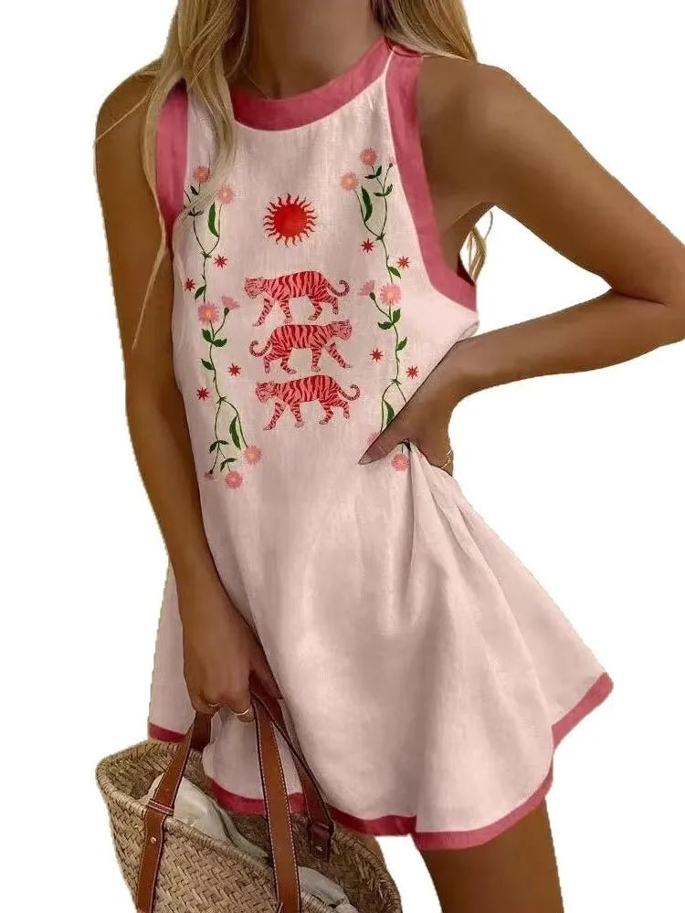 Printed Sleeveless Shirt Dress For Women Round Neck Spring Summer Loose Fit