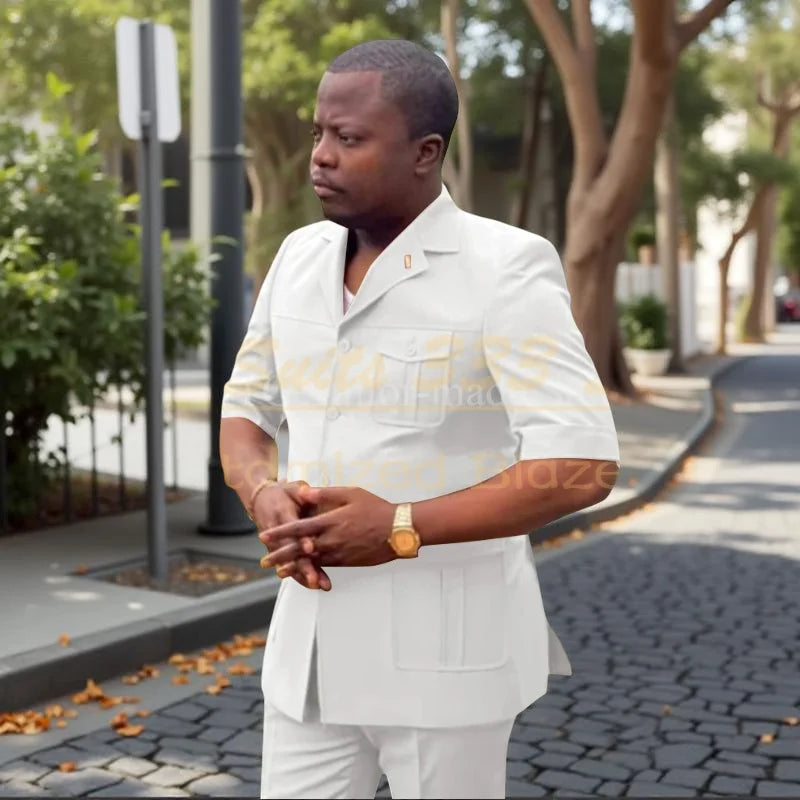 Safari Men Suits with Short Sleeve 2 Pieces Single Breasted Stand Notch Lapel African Fashion Style Set Jacket Pants
