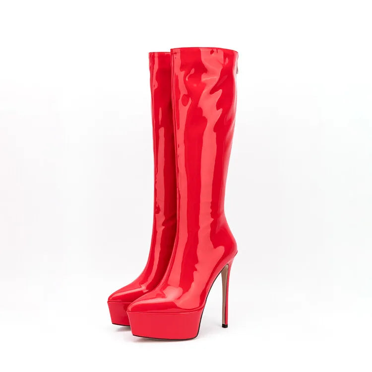 New Women Knee High Boots Patent Leather Pointed 15cm High Heels Winter Short Plush Waterproof Platform Girl Boots Large 34-45