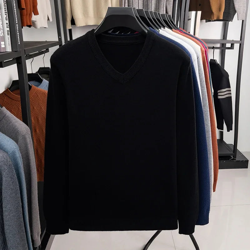 2026 Men's V-Neck Basic Solid Color Sweatshirt Warm Autumn Knitted Oversize Pullover Elastic round Neck Sweater for Casual Wear BAZAARHUBO