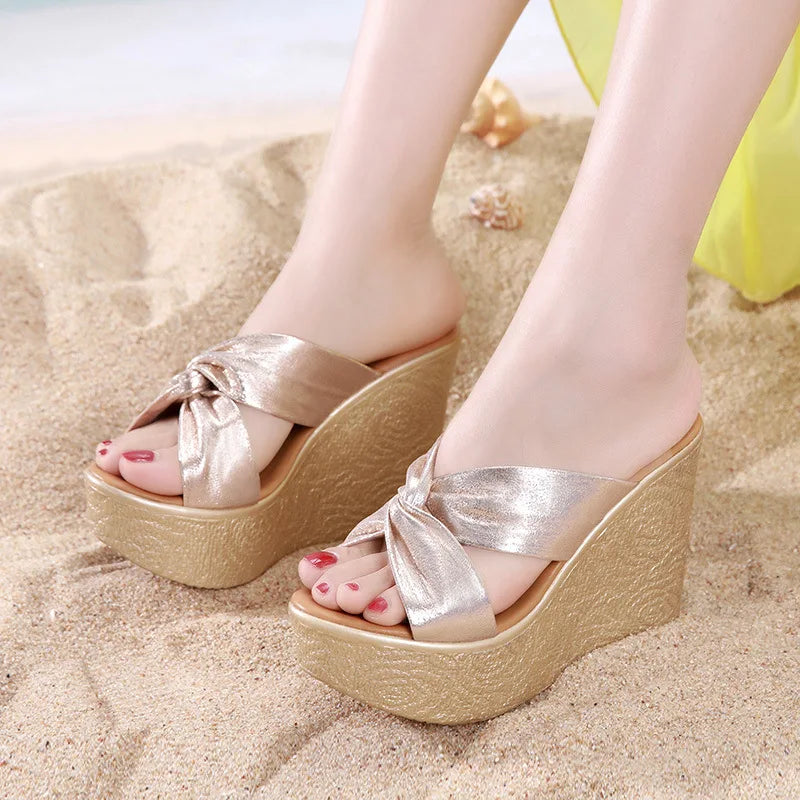 High quality summer wedge sandals for women 8cm 11cm high heel new 2024 size 32 33 43 platform open toe elegant shoe black gold