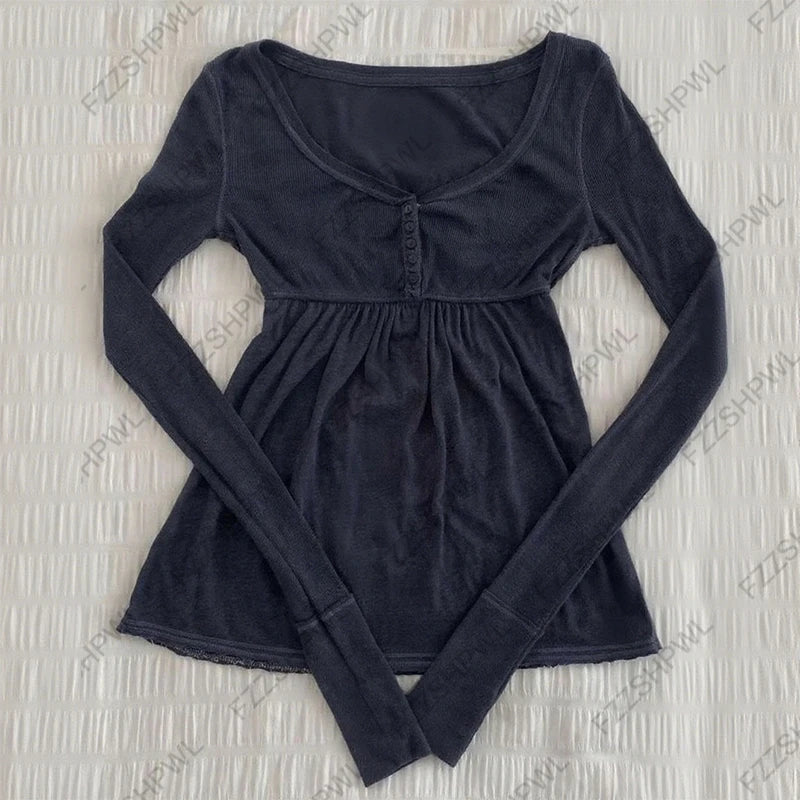 Women's knitted black T-shirt spring and autumn new long sleeve casual sexy fashion slim crop top versatile street wear y2k ropa