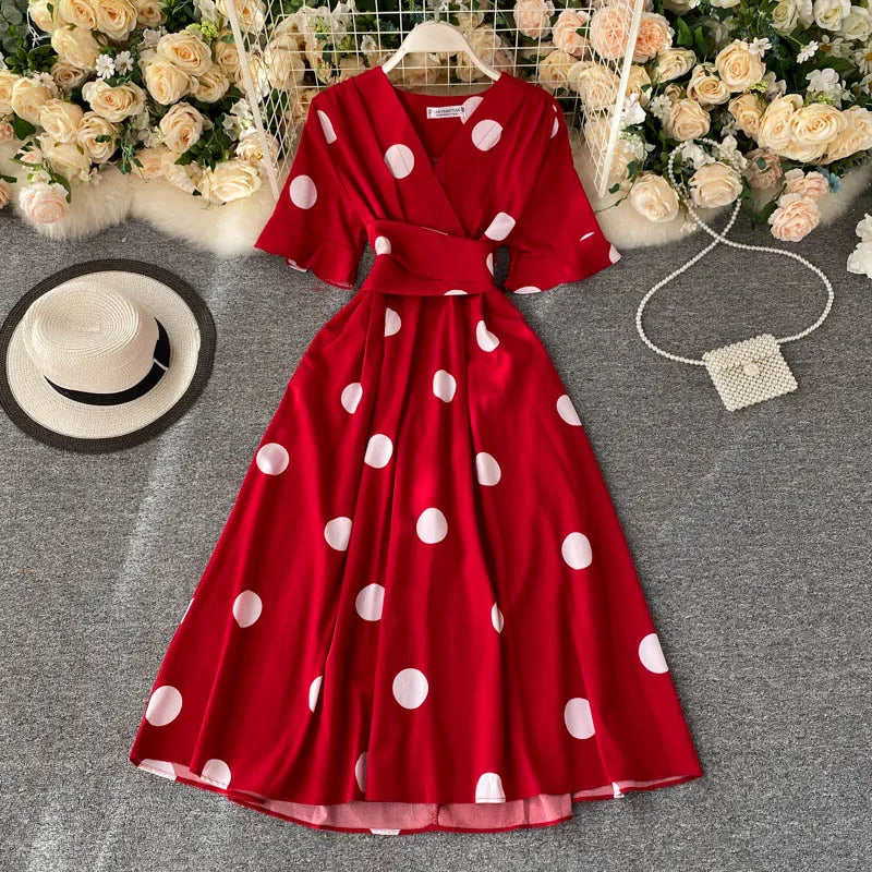 YuooMuoo Chic Polka Dot Print Women Dress Summer Vintage Swing Midi Party Dress