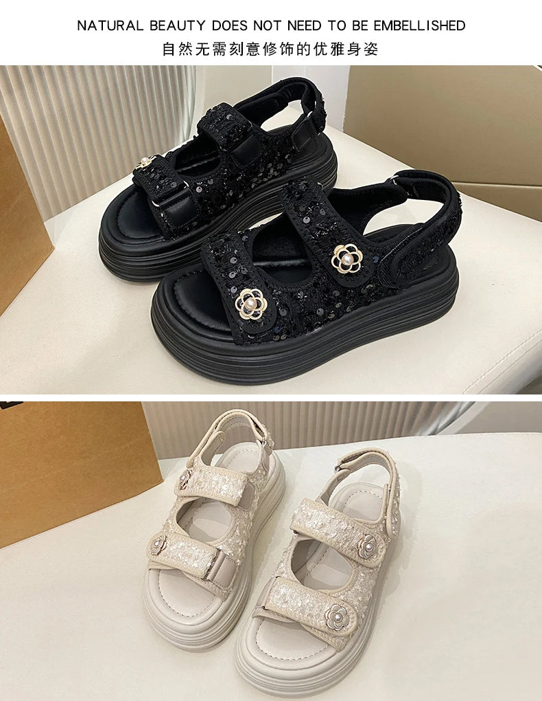 Women's Platform Sandals Handmade Leather Rubber Bottom Flat Sandals Metal Decorative Element Summer Casual Ladies Outdoor Shoes