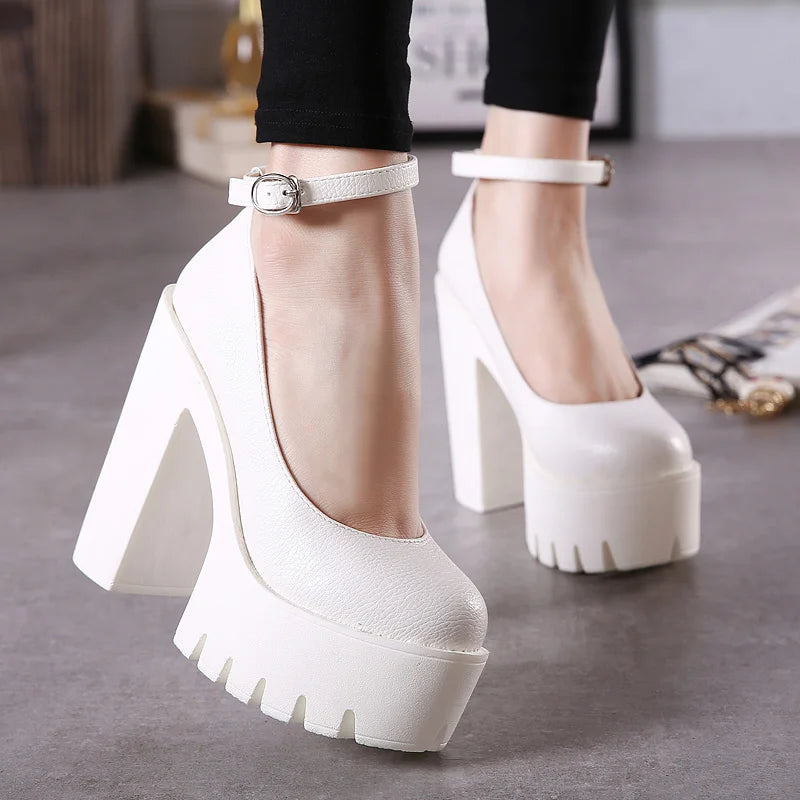 Gdgydh Women's Platform Chunky High Heels Ankle Buckle Strap Round Toe Non Slip Dress Pumps Mary Jane Lolita Pumps Punk Style