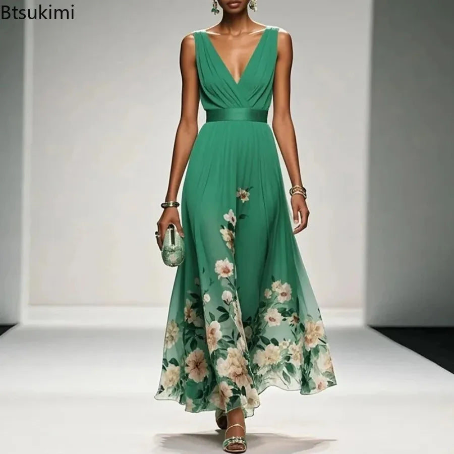 New Fashion Party Dresses Summer Women's Sexy Deep V Neck Floral Print Ruffle Sleeveless High Waist A Line Beach Dress Vestidos