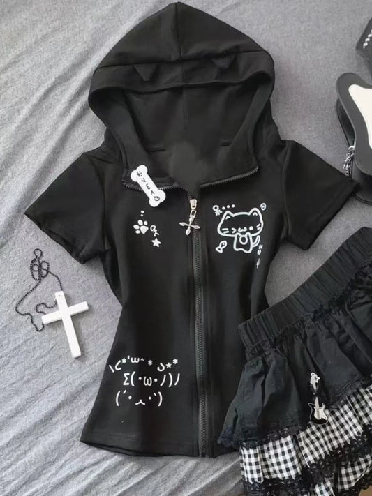 Japanese Kawaii Thin Short Sleeve T-Shirts Women Design Casual Slim Hooded Tops Female Summer Sweet New Zipper Lovely Outfits