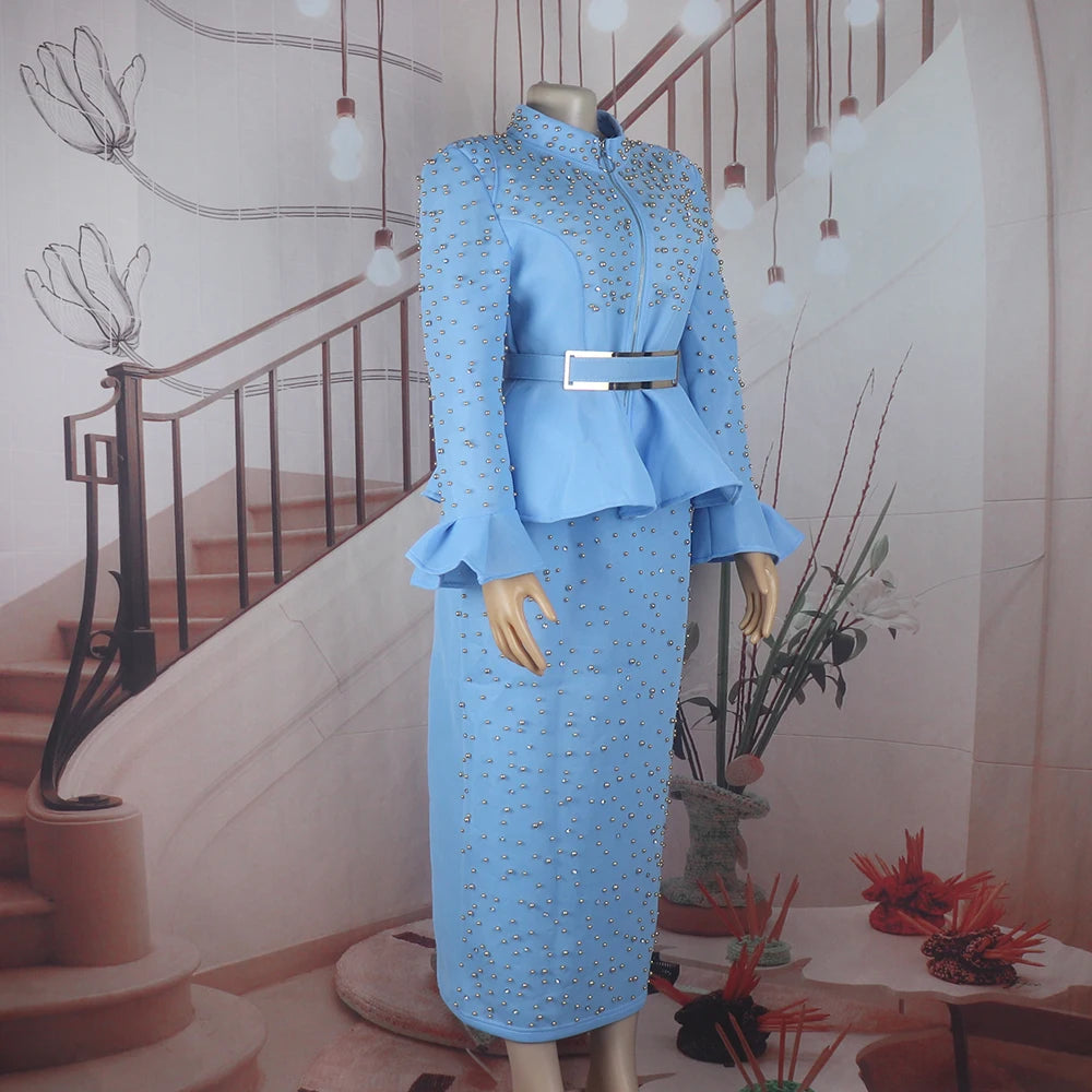 Fashion Suit African Dresses for Woman Rhinestone Turkey Dresses for Women Luxury High Quality Mesh Fabric African Beaded Dress