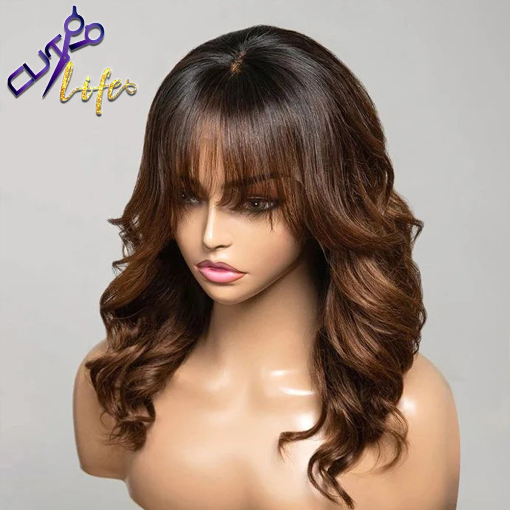HD Lace Pretty Ombre Brown Body Wave Wig With Bangs 7x5 HD Lace Glueless Wig Cheap Human Hair 4x4 5x5 Invisi HD Glueless Wigs