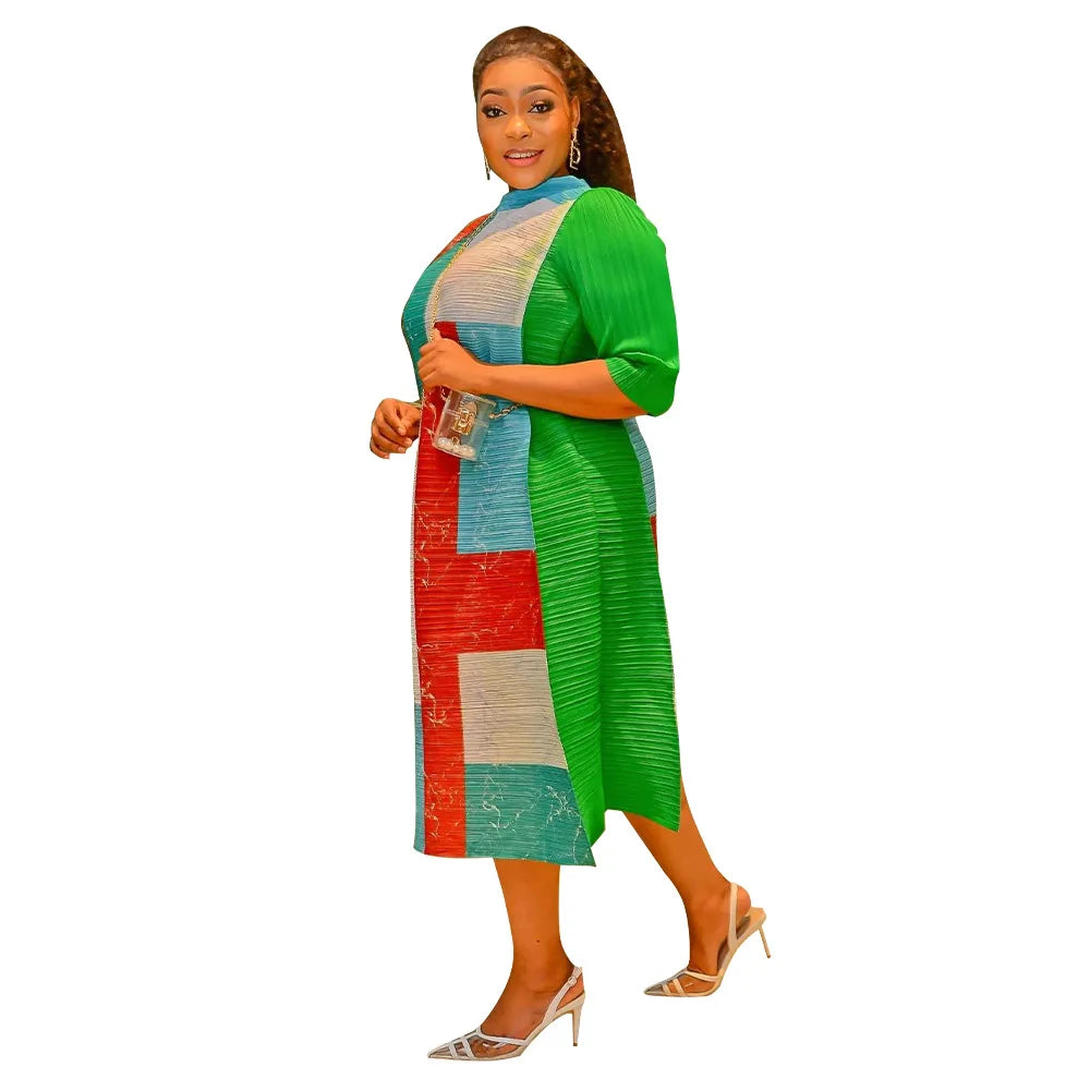African Dresses for Women Summer Fashion Style African 3/4 Sleeve Polyester O-neck Pleated Dress Dashiki African Clothes Women