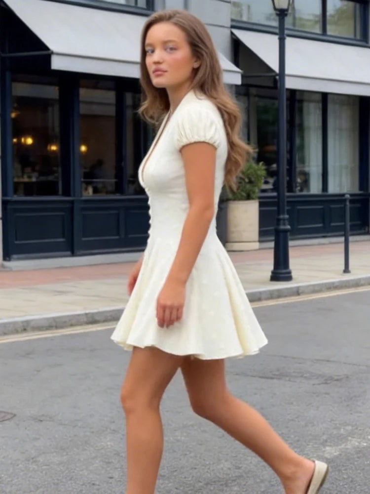 Elegant Solid Polka Dot Dress Women Sexy Deep V Neck Puff Sleeve Waist-cinching Mini  A-line Dresses 2026 Summer Lady Party Robe