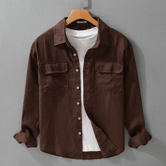 Men Fashion 100% Linen Simple Workwear Style Versatile Long-sleeved Shirt Male Casual Loose Solid Color Shirt 3140