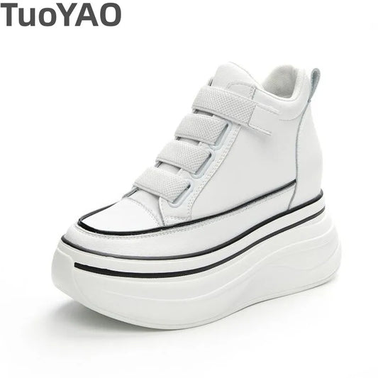 10cm Genuine Leather Platform Wedge Mid Calf Ankle Motorcycle Booties Non Slip Hidden Heel New Women Slip-On Autumn Spring Shoes