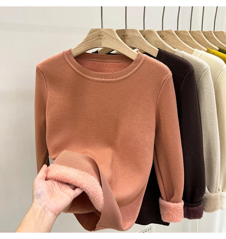 Women's O-neck Velvet Thicken Sweaters Winter Slim Warm Long Sleeve Knitted Tops Casual Plush Fleece Lined Soft Pullovers Ladies
