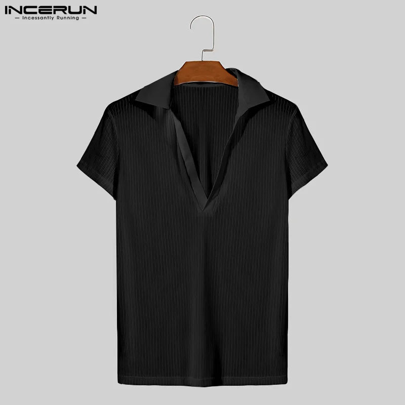 Fashion Well Fitting Tops INCERUN Men's Striped Perspective V-neck T-shirts Casual Streetwear Short Sleeved Camiseta S-5XL 2024