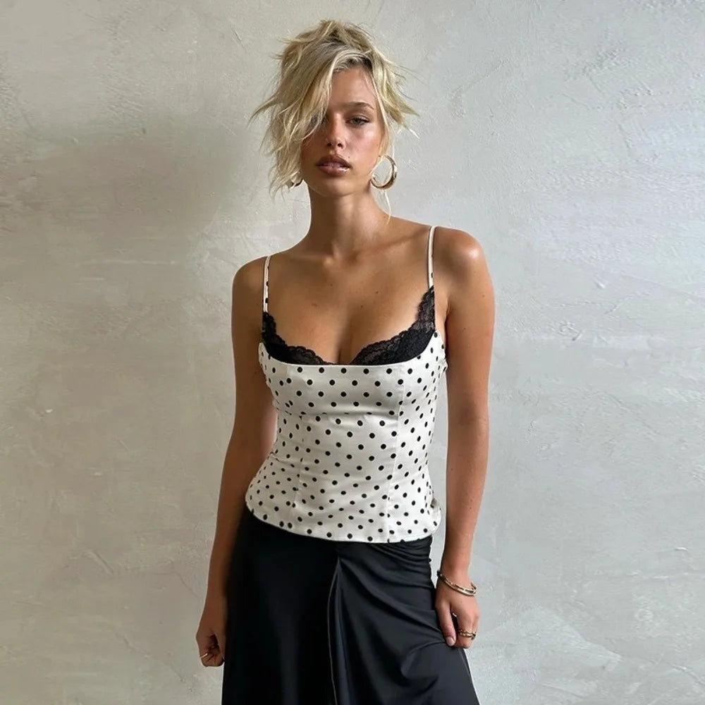 New Lace Splicing Lace Camisole Top Polka Dot Sleeveless Design Polka Dot Top Trendy Slim Fit Top Y2K Fashion