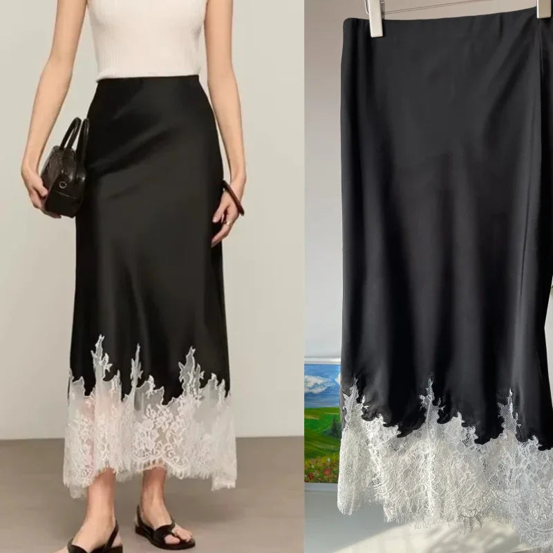 Elegant Lace-Trim Satin Midi Skirt Women Summer High Wasit Wrapped Hip Slim Long Skirts Fairy Fashion Office Women Clothing New