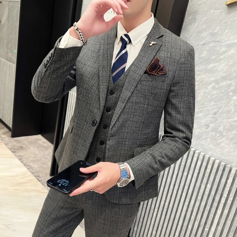 2023 Men's British Fashion Three-piece Set Slim Fit Suit Vest Trousers Ensemble Handsome Trendy All-in-one Banquet Blaze