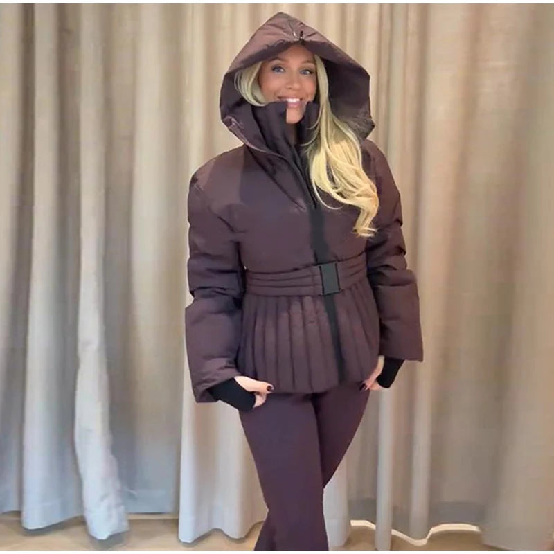 Women  Fur Collar Hooded Skiwear Fashion Solid Thicken Zipper High Waist Slim Outdoor Overalls Jumpsuit  Lady Winter Outwear