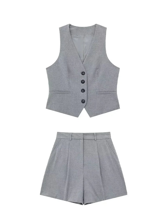 Willshela Women Fashion 2 Piece Set Grey Single Breasted V-Neck Vest & Vintage High Waist Shorts Female Chic Lady Shorts Set
