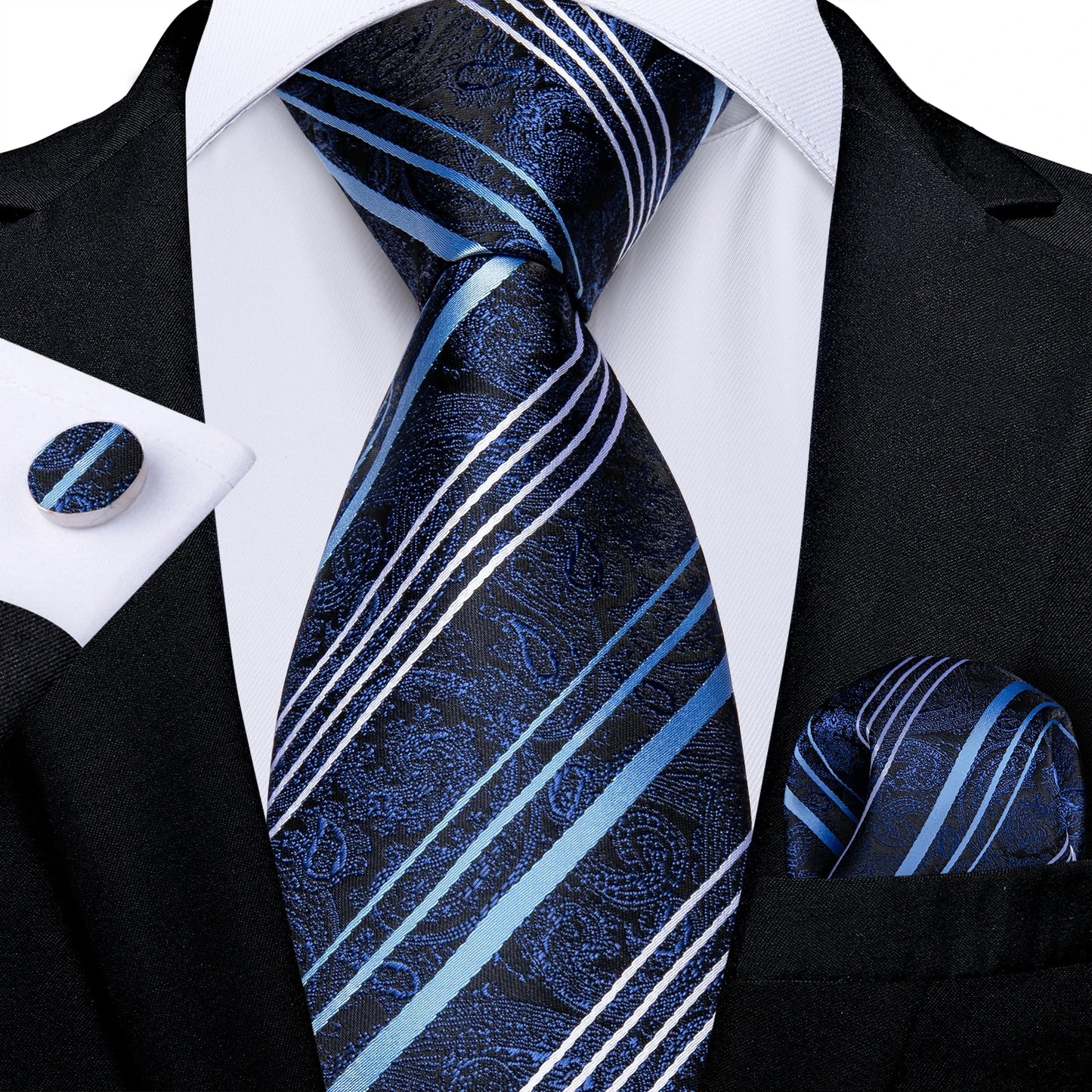 Royal Blue Paisley Plaid Striped Men tie Set with Handkerchief Cufflinks Wedding Prom Groom Accessories Perfect Gift for Men BAZAARHUBO