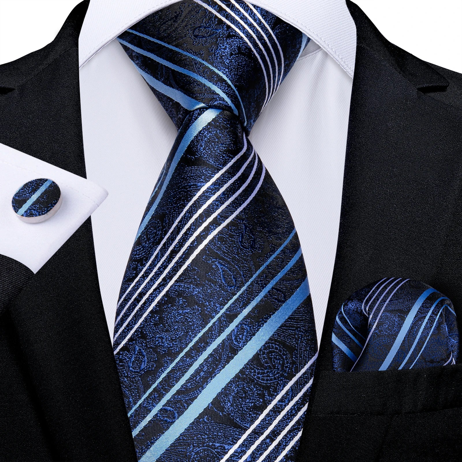 Royal Blue Paisley Plaid Striped Men tie Set with Handkerchief Cufflinks Wedding Prom Groom Accessories Perfect Gift for Men BAZAARHUBO