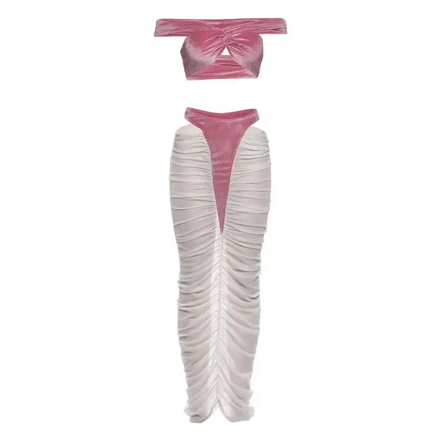 Sexy Fashion 2 Piece Set Woman Velvet Cross Kink Tank Tops+Hollow Design Ruched Long Skirts Club Party Coquette Outfits