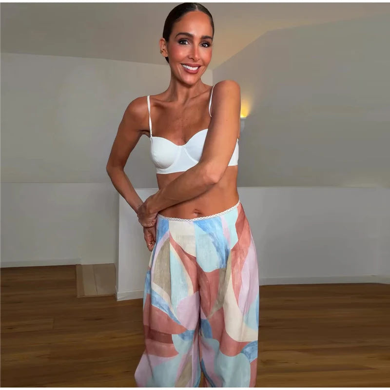 Pastel Print Cami Top Wide Leg Pants Set Ruffle Hem Sleeveless 2026 Summer Vacation Women Co-ord Set Chic Causal Lady Outfit