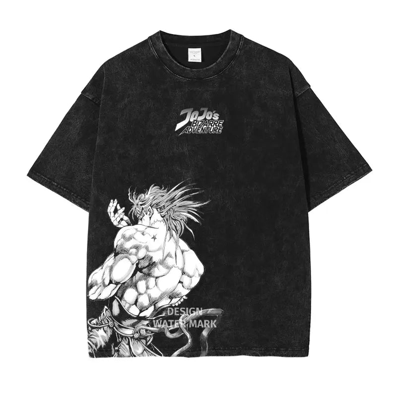 Anime JoJo's Bizarre Adventure Jonathan Joestar Gyro Print Tee Men Vintage Washed Tshirts Manga Cotton T-shirt Harajuku T Shirt